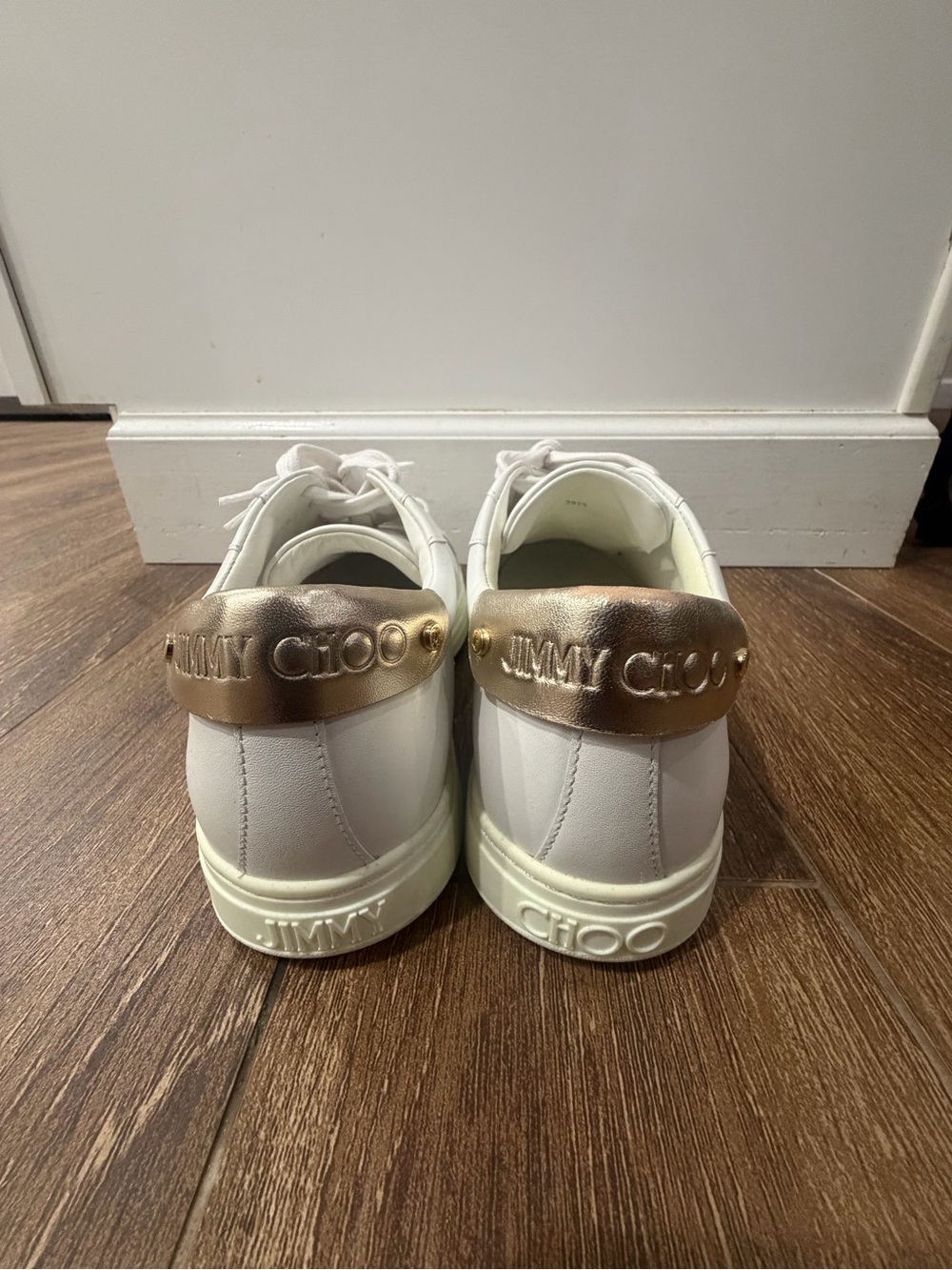 Jimmy Choo Rome White Leather Sneakers Champagne Gold Heel Size 39.5